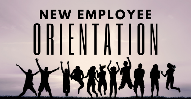 image of silhouetted people jumping with the words new employee orientation above them